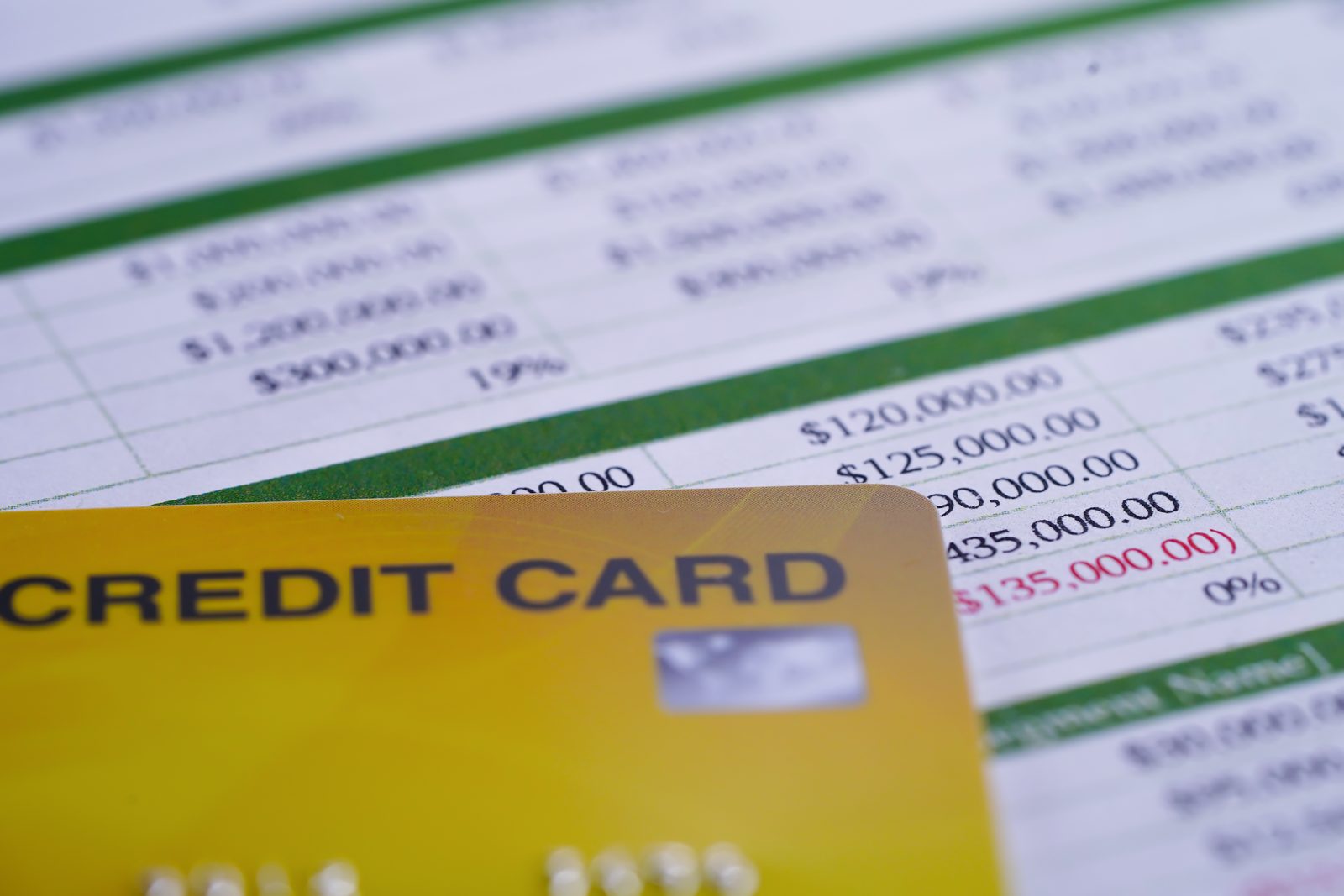 Credit card resting on a financial spreadsheet with dollar amounts, representing evidence in an identity theft case